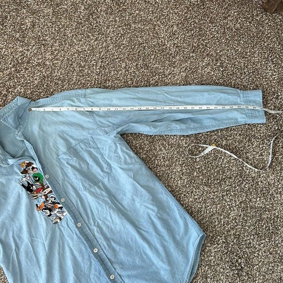 Vintage 90s Warner Brothers Longsleeve Looney Tunes Denim Buttonup Top Medium - Picture 10 of 11